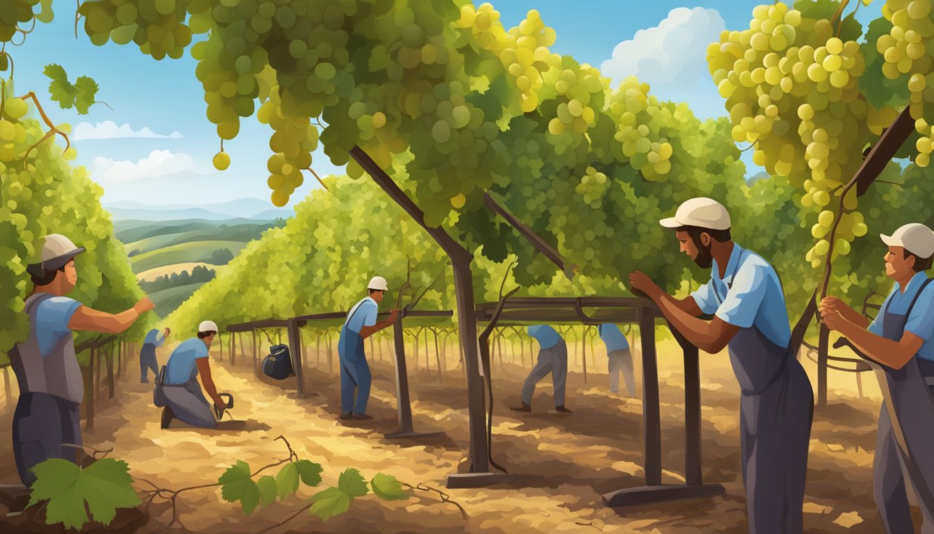 A vineyard with ripe grapes hanging from the vines, surrounded by workers sorting and processing the fruit