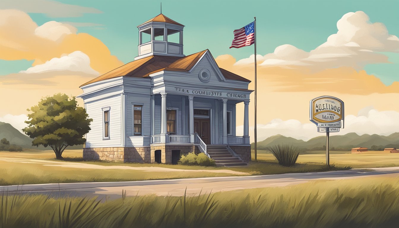 A rural Texas landscape with a small town courthouse and a sign displaying alcohol laws