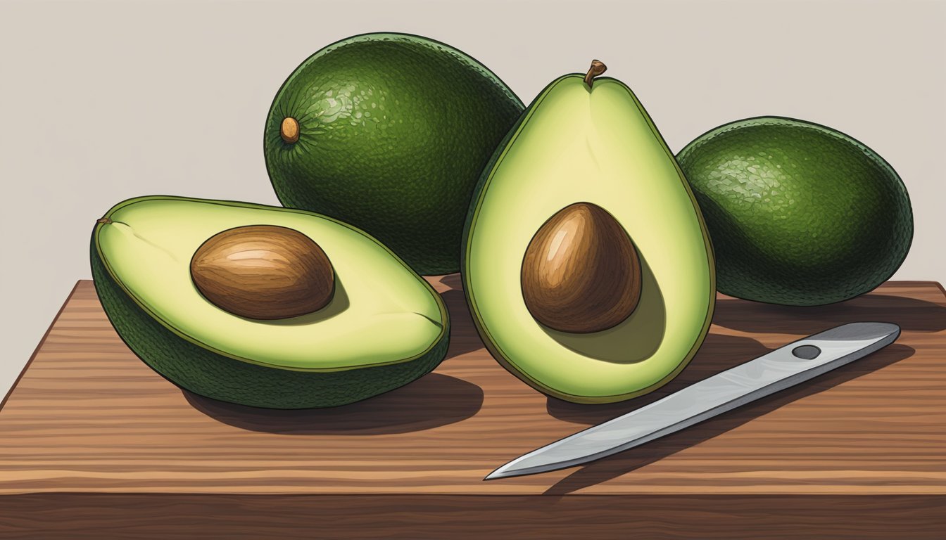 A ripe Pinkerton avocado sits on a wooden cutting board, ready to be sliced open. Its dark green skin hints at the creamy goodness inside