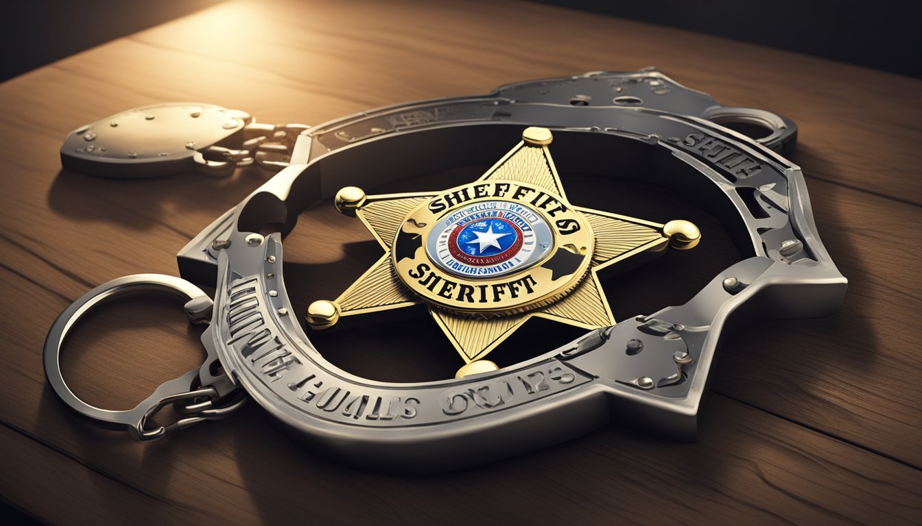 A sheriff's badge and handcuffs on a table in a dimly lit room