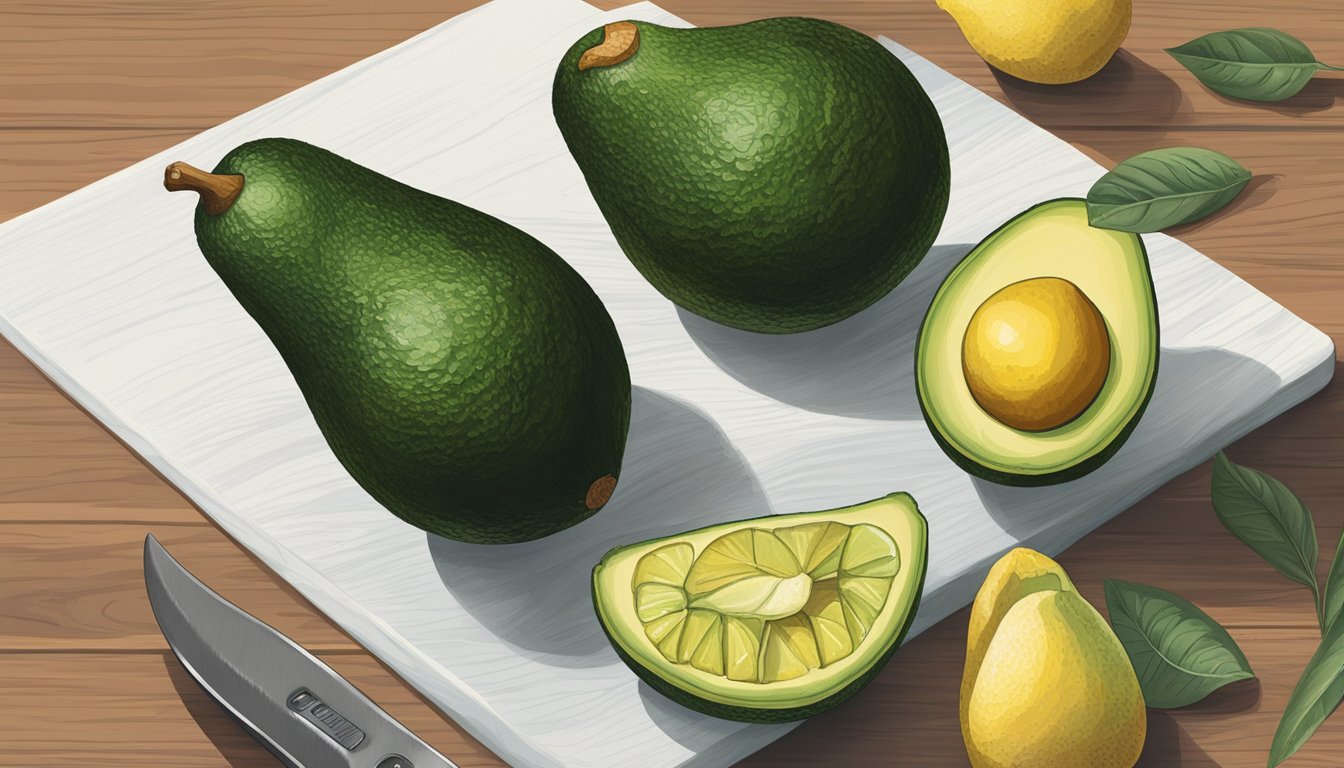 A pinkerton avocado sits on a kitchen counter, surrounded by a bowl of lemons and a cutting board with a knife. The avocado's skin is dark green, with a slight give when gently pressed