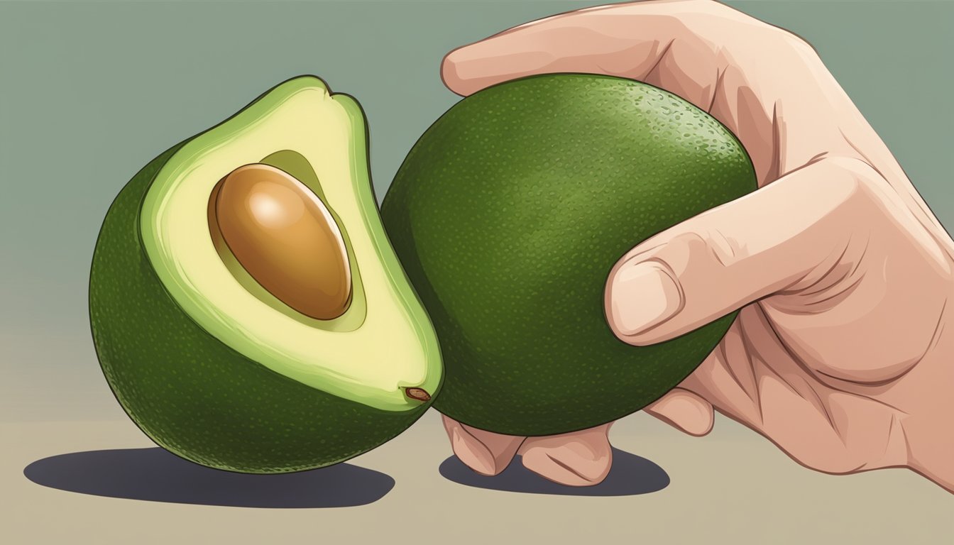 A close-up of a Pinkerton avocado being gently squeezed to test its ripeness, with a background of various fruits and vegetables