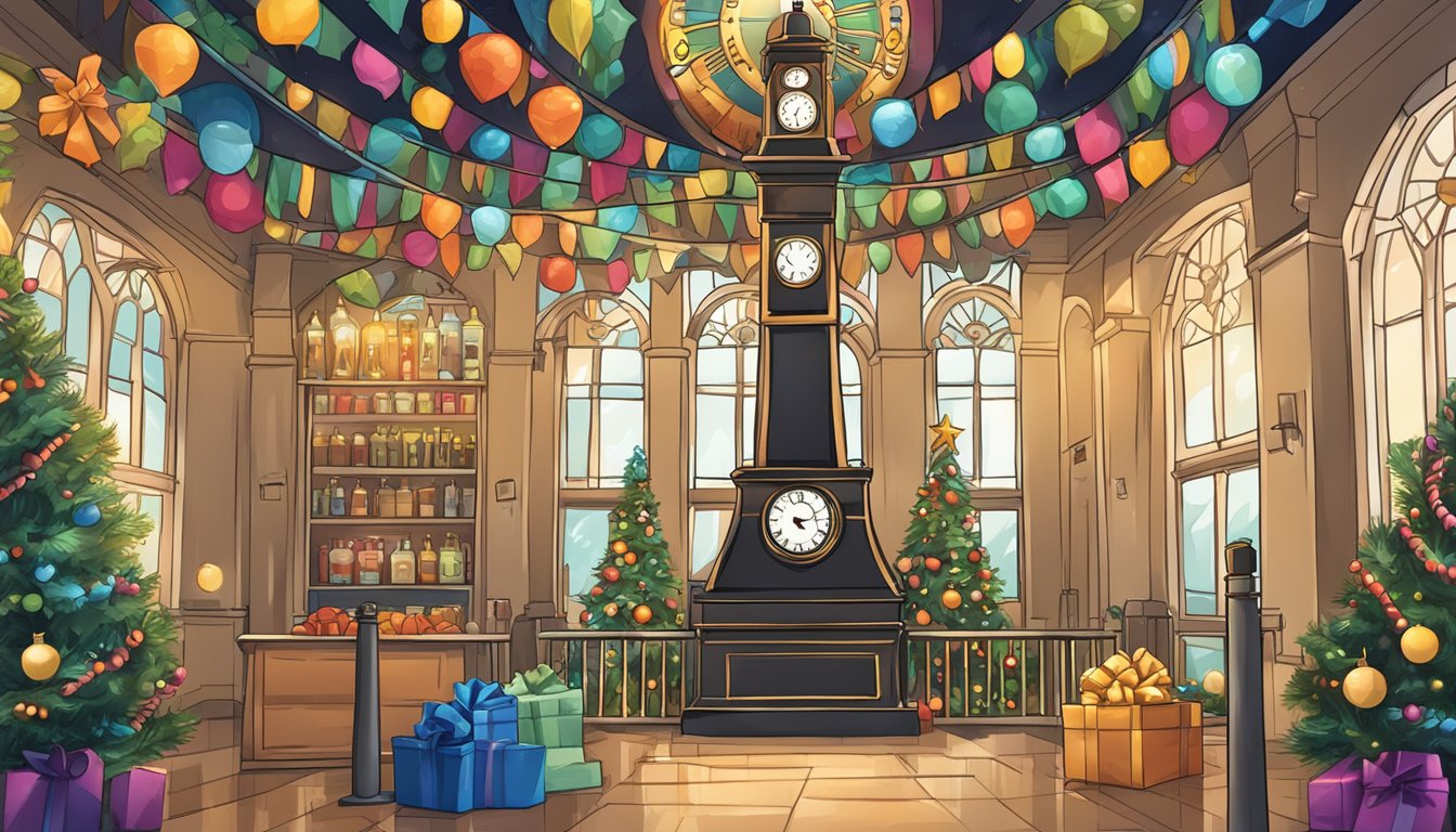 A clock tower with a "No Alcohol" sign, surrounded by holiday decorations and a closed sign