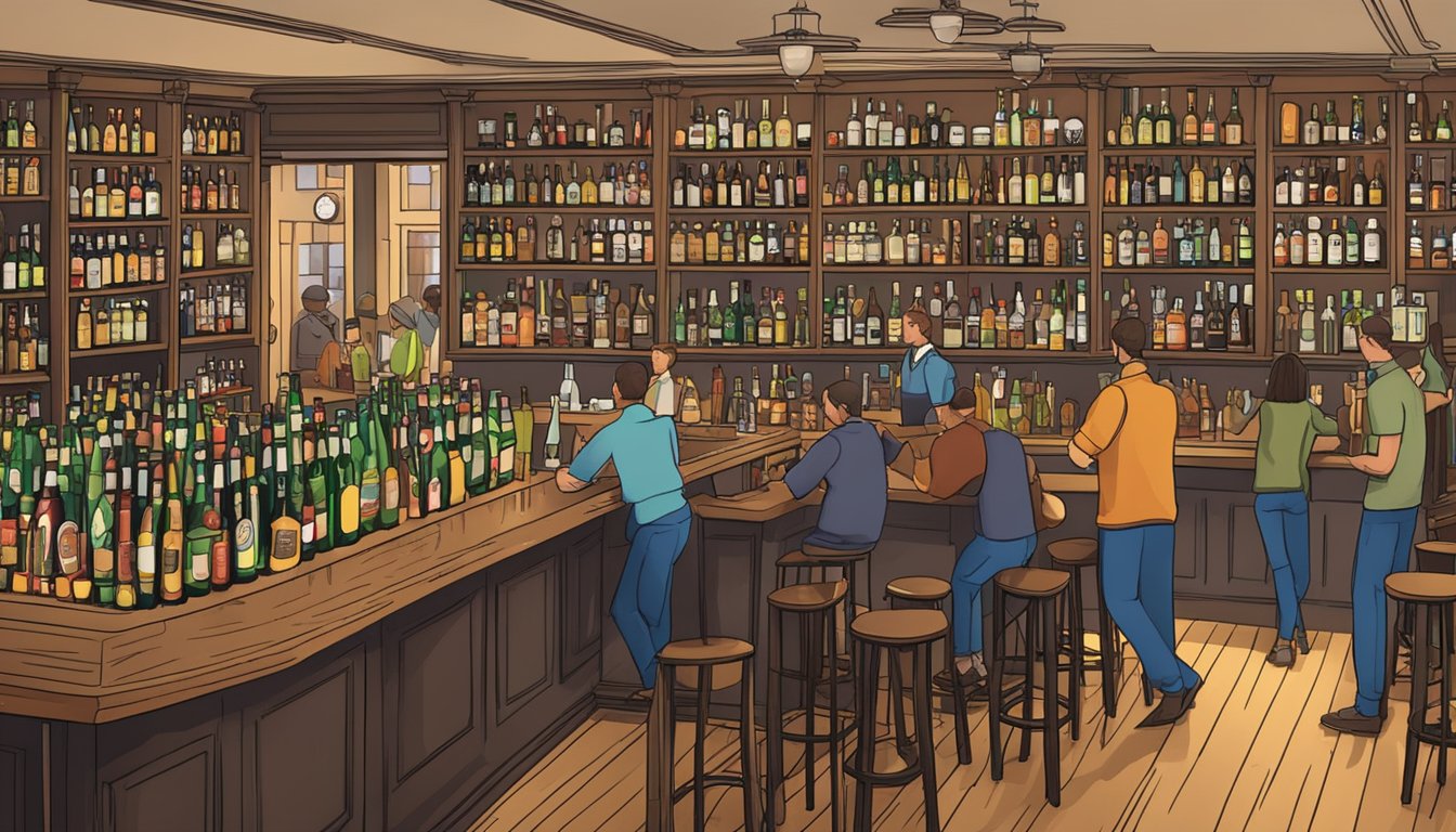 A bustling bar with bottles lining the shelves, patrons enjoying drinks, and staff serving beverages in compliance with county alcohol laws