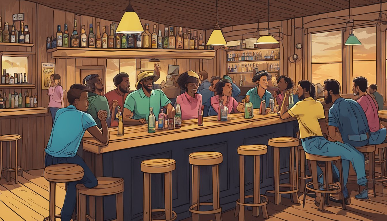 A group of people at a bar in Jackson County, Texas, enjoying alcoholic beverages