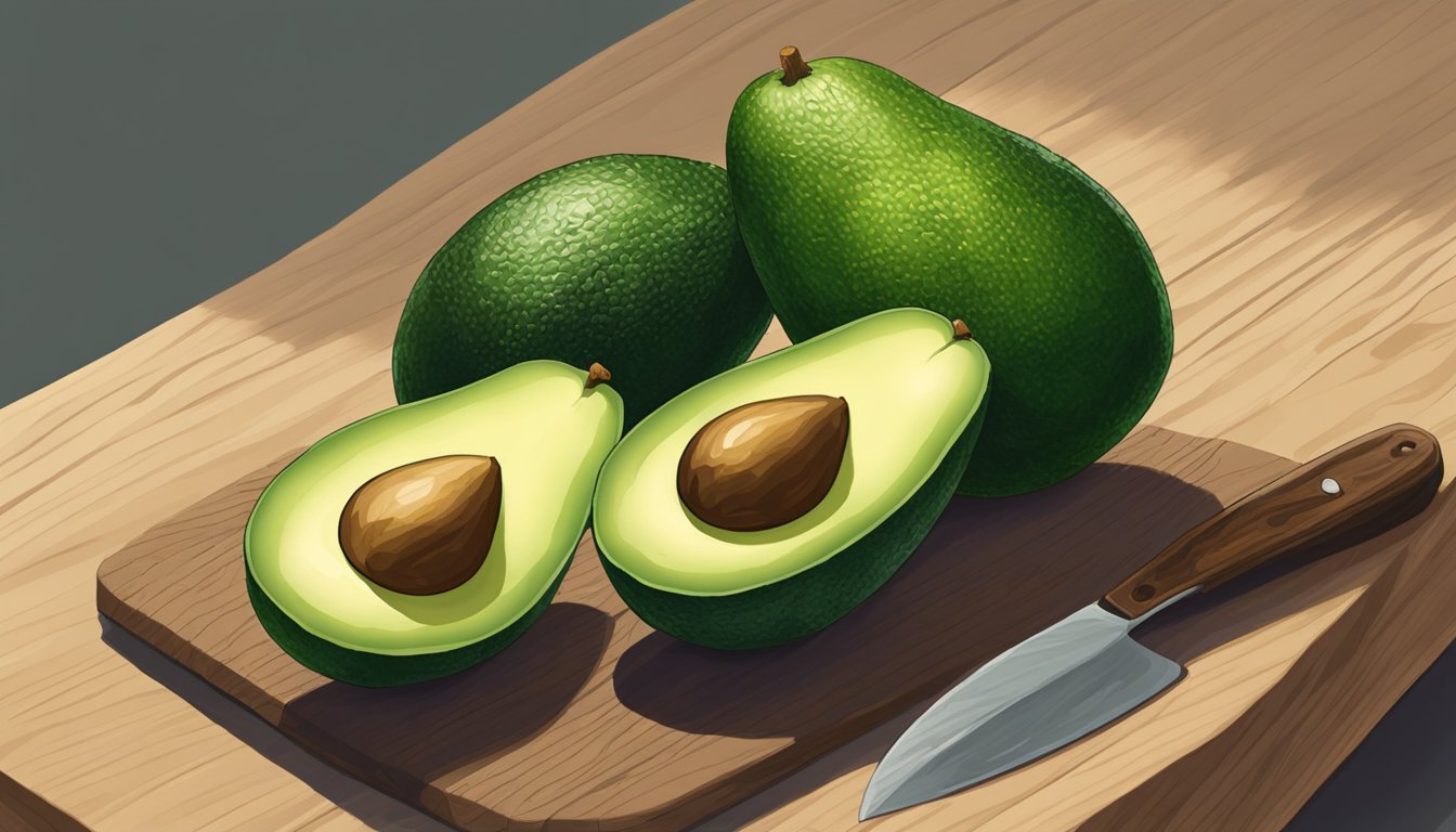 A cluster of fuerte avocados in varying shades of green, some with a slight give to the touch, sitting on a wooden cutting board