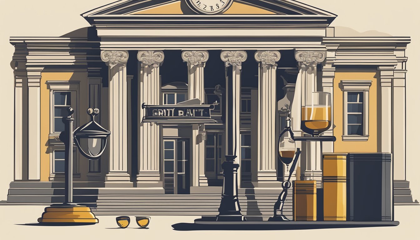 A sign outside a courthouse with a gavel and scales of justice, surrounded by the silhouette of a town with a bar and a crossed-out drink