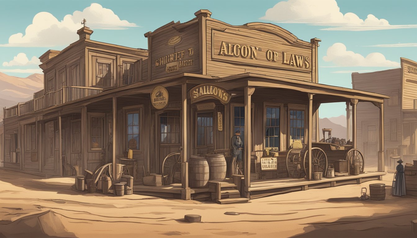 A dusty western town with a saloon and sheriff's office, with signs displaying alcohol laws from the late 1800s