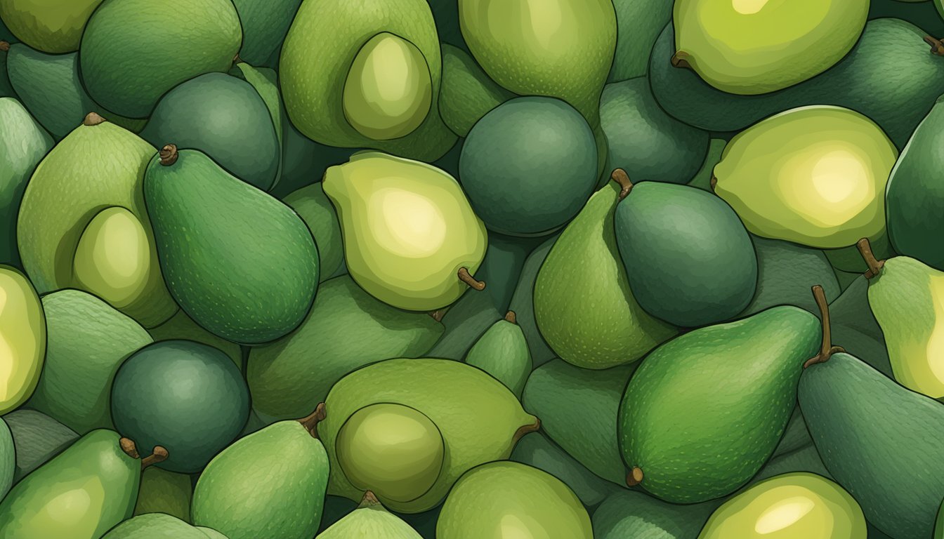 A cluster of fuerte avocados at different stages of ripeness, with some still green and firm, while others are darker and yield slightly to gentle pressure