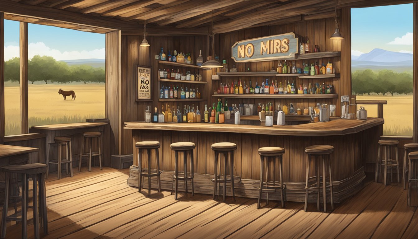 A rustic Texas bar with a "No Minors" sign, surrounded by open fields and a lone cowboy hat left on the counter