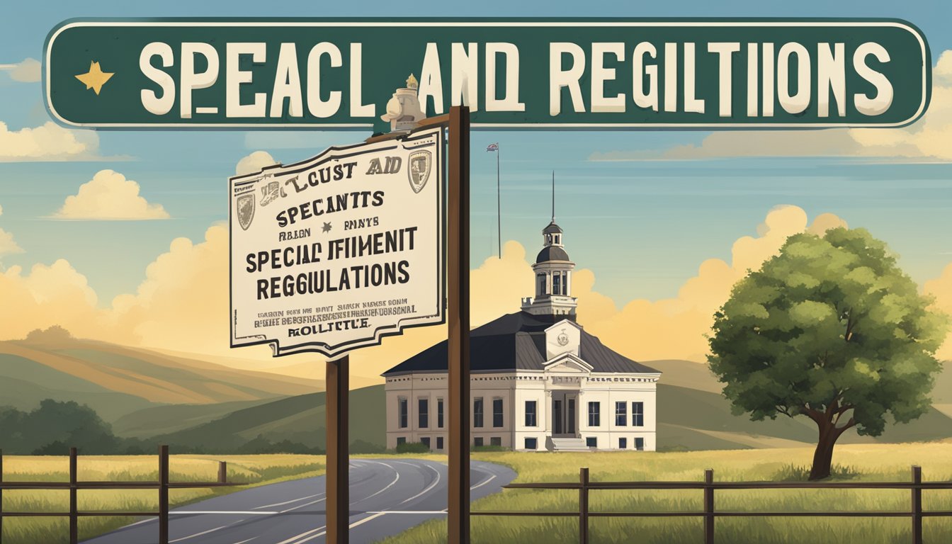 A rustic sign with "Special Permits and Regulations" stands in front of a county courthouse, surrounded by rolling hills and a serene Texas landscape