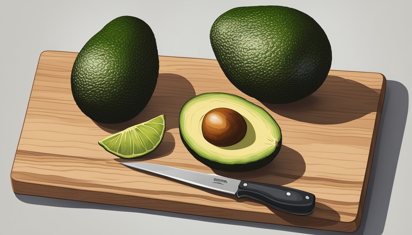 A ripe fuerte avocado sitting on a wooden cutting board with a knife next to it, ready to be sliced open for culinary use