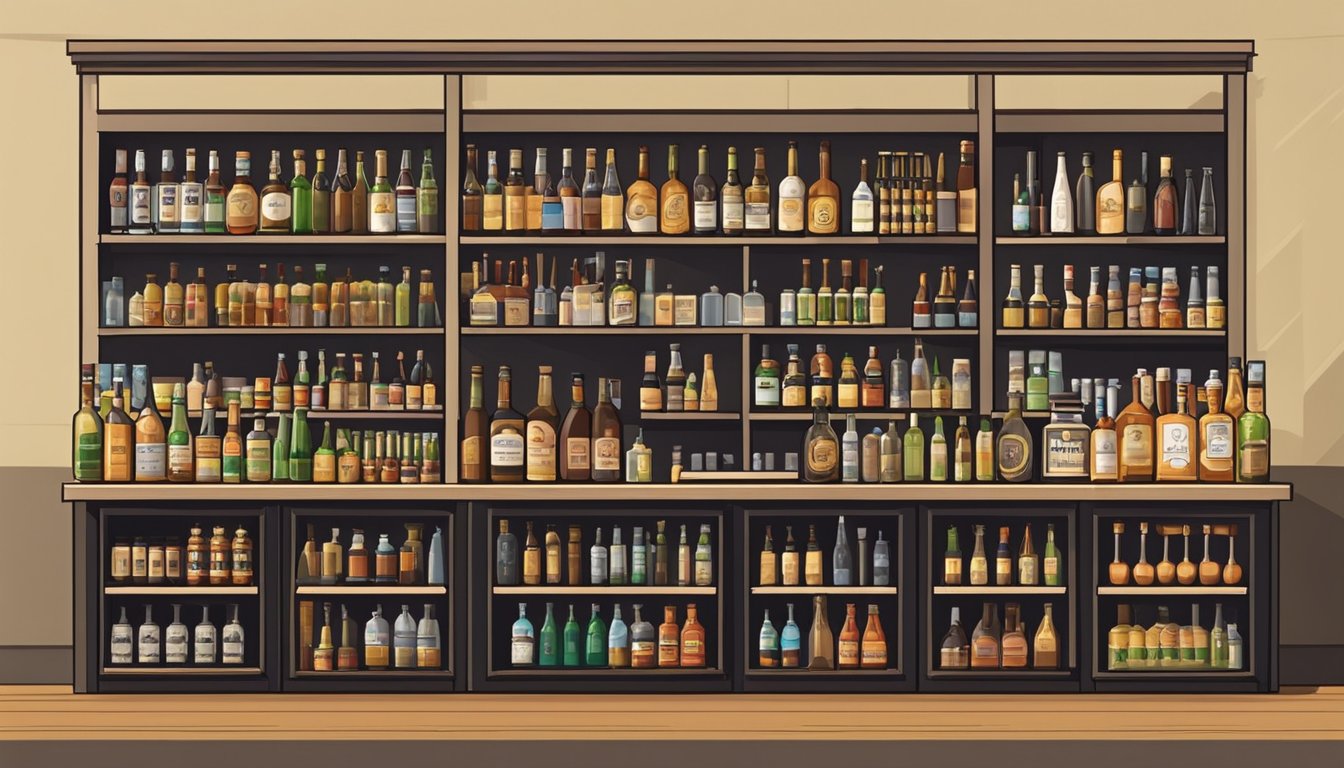 A small liquor store in Hemphill County, Texas, with shelves stocked with various bottles of alcohol and a counter for sales and distribution