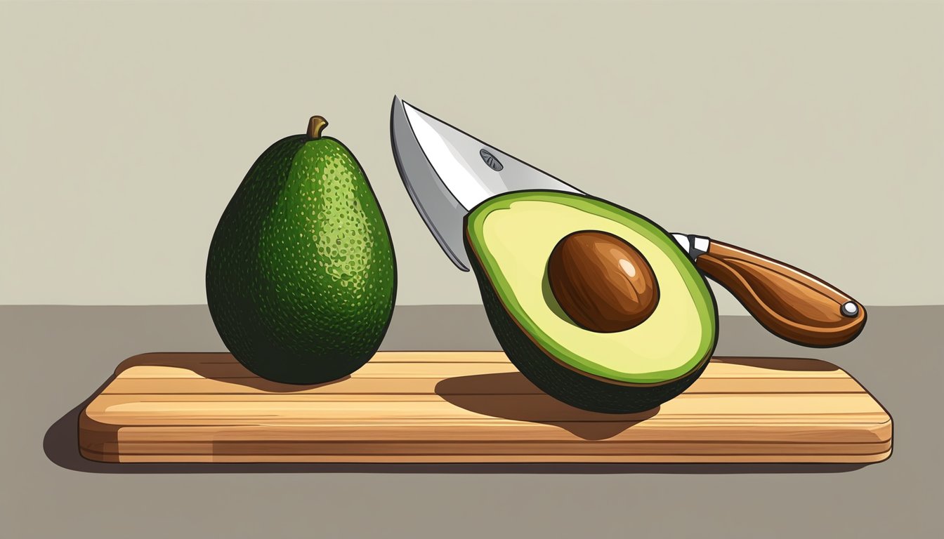 A ripe fuerte avocado sitting on a wooden cutting board, surrounded by a halved avocado and a knife. The avocado is being gently pressed to check for ripeness