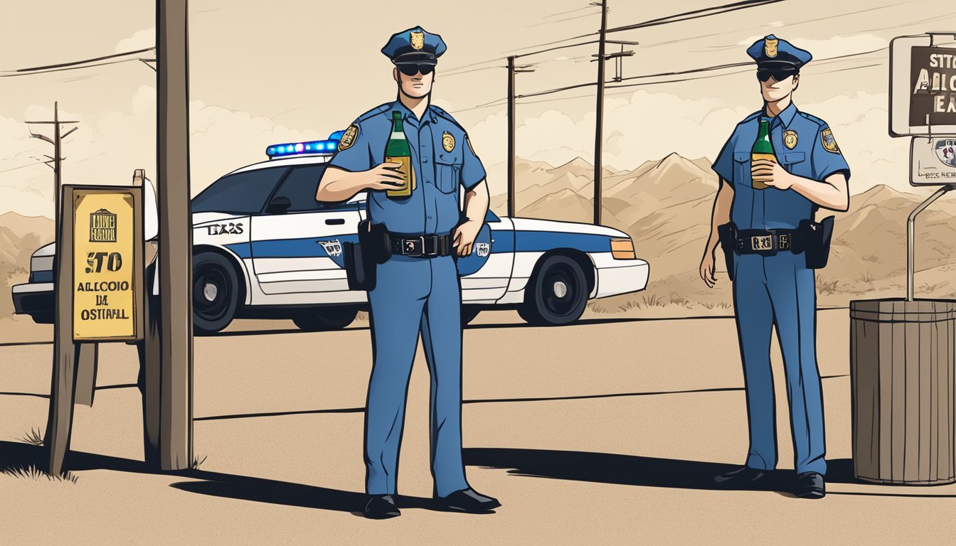 A police officer and a state trooper stand side by side, both holding up a stop sign and a bottle of alcohol, with a sign in the background displaying "Hemphill County Texas Alcohol Laws."