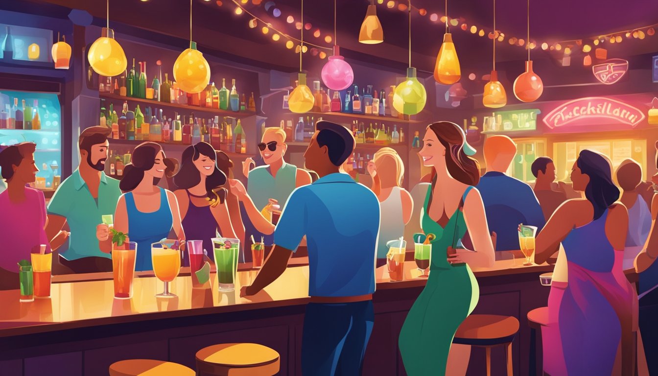 A vibrant bar scene with colorful cocktail signs and happy patrons enjoying alcoholic beverages in a lively atmosphere