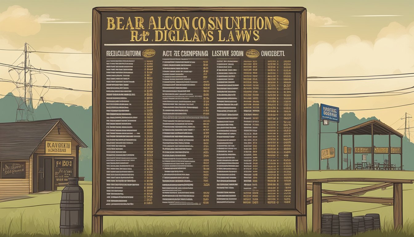 A sign outside a bar in Houston County, Texas, displaying the regulations for alcohol consumption and drinking laws