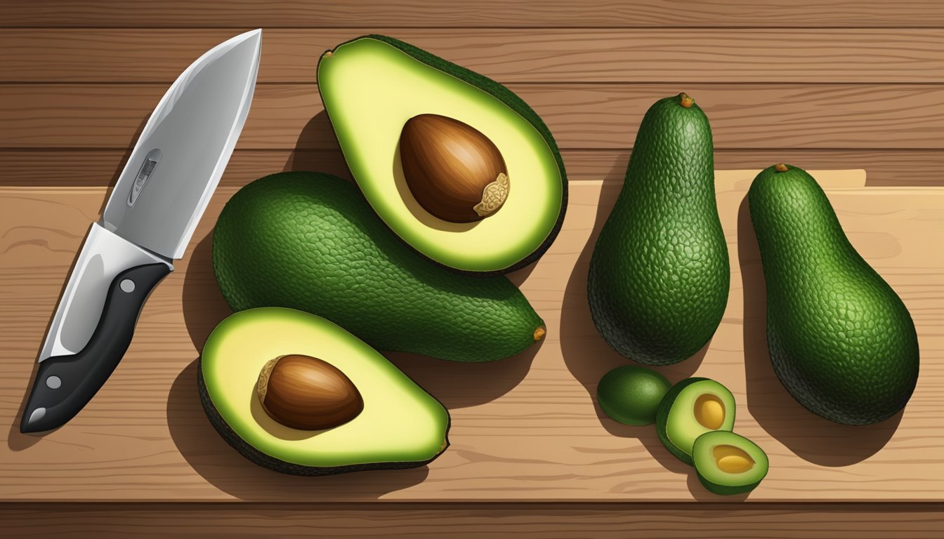 A variety of ripe and unripe fuerte avocados displayed on a wooden surface, with a knife and a cutting board nearby