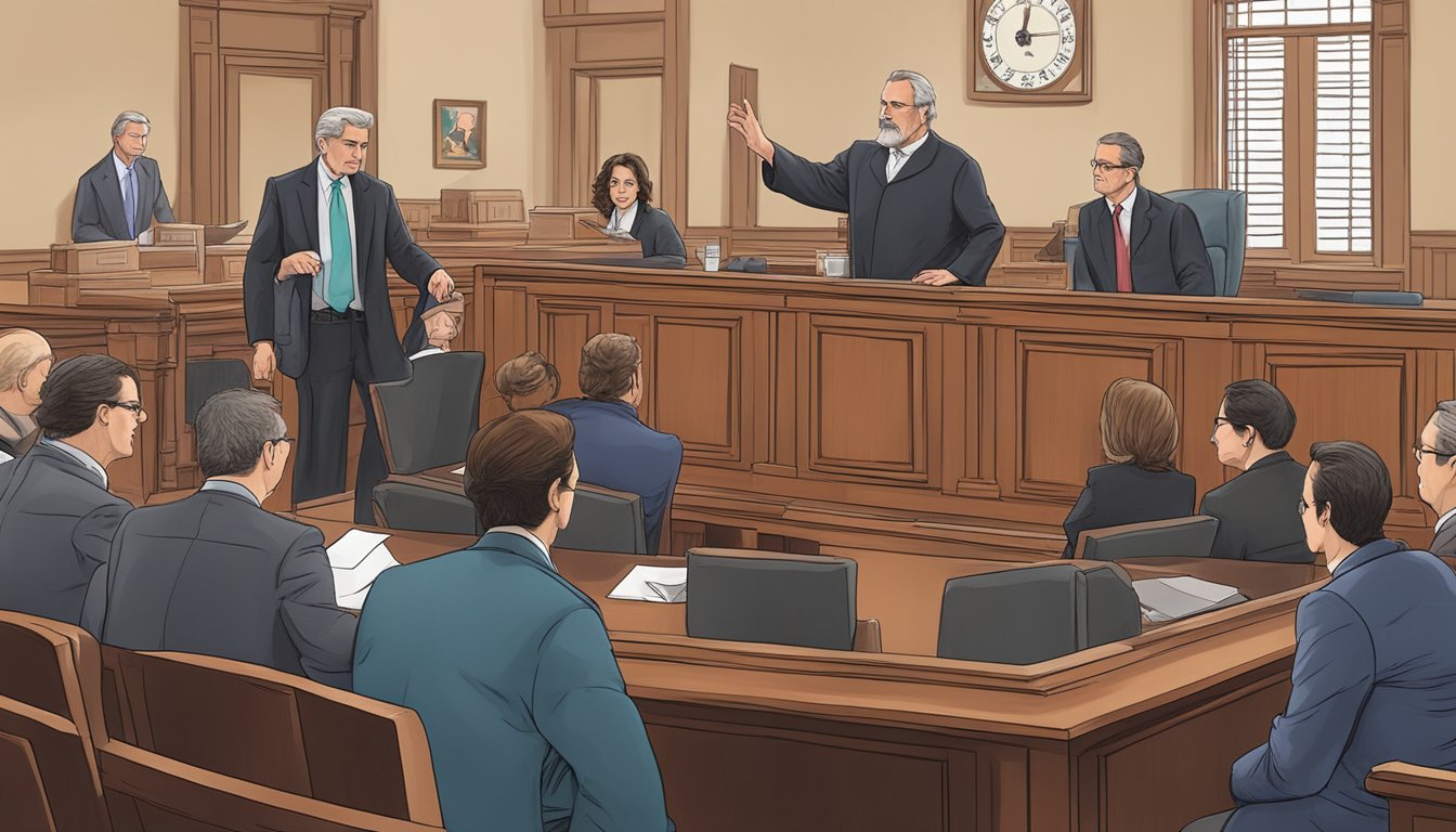 A courtroom scene with a judge and lawyers discussing local alcohol and drinking laws in Houston County, Texas