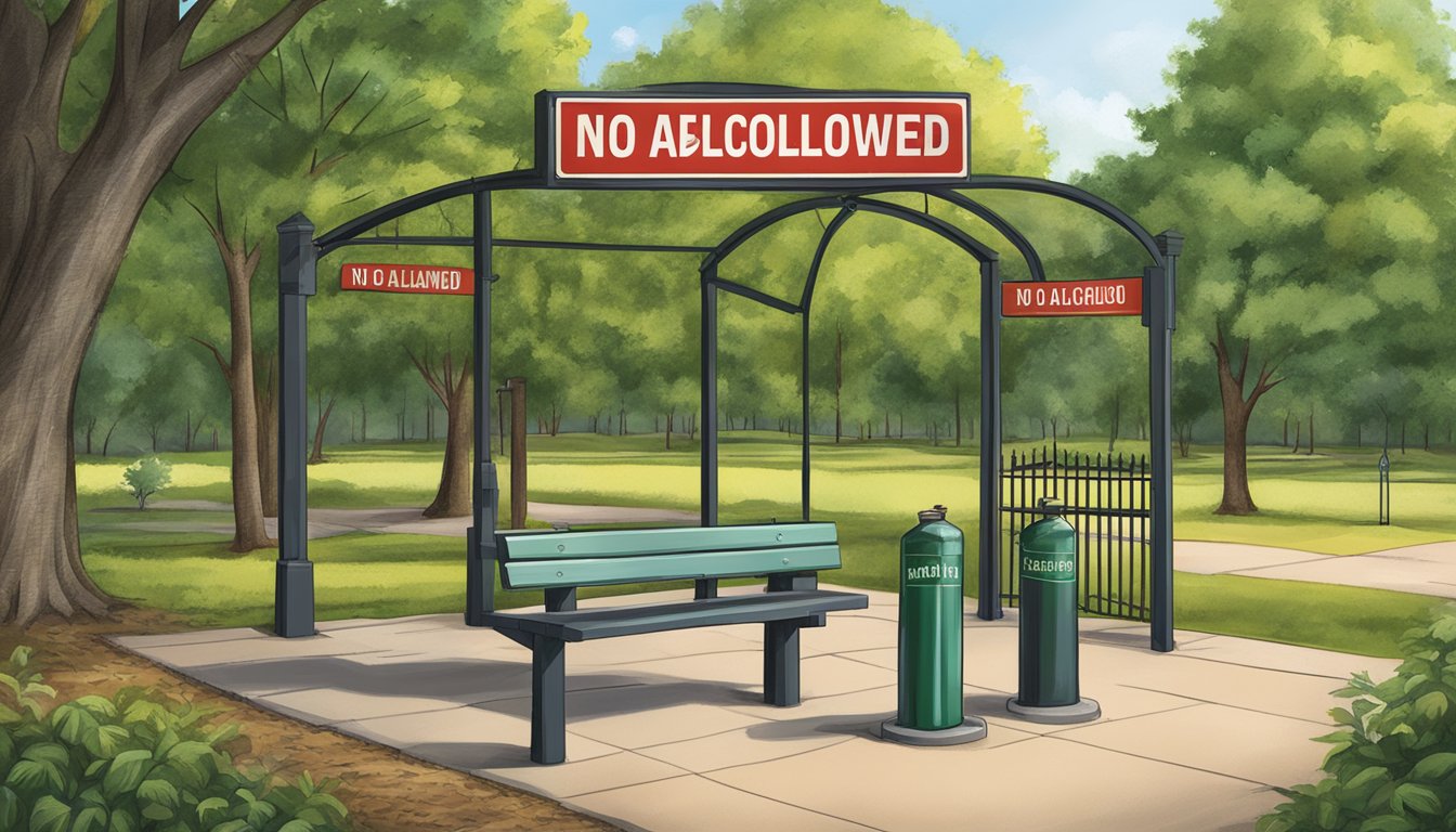 A sign displaying "No Alcohol Allowed" in a public park in Houston County, Texas