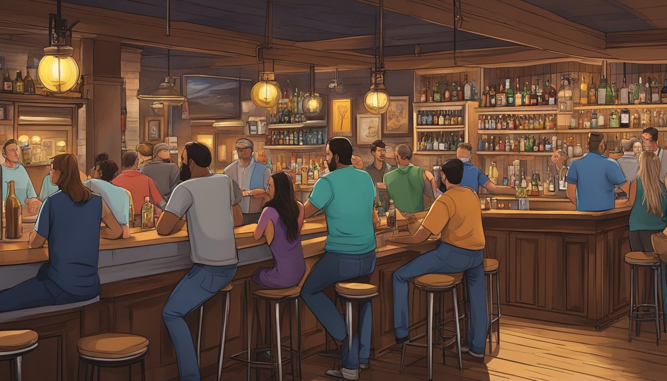 A bustling bar in Hays County, Texas, with patrons enjoying drinks while adhering to local alcohol regulations