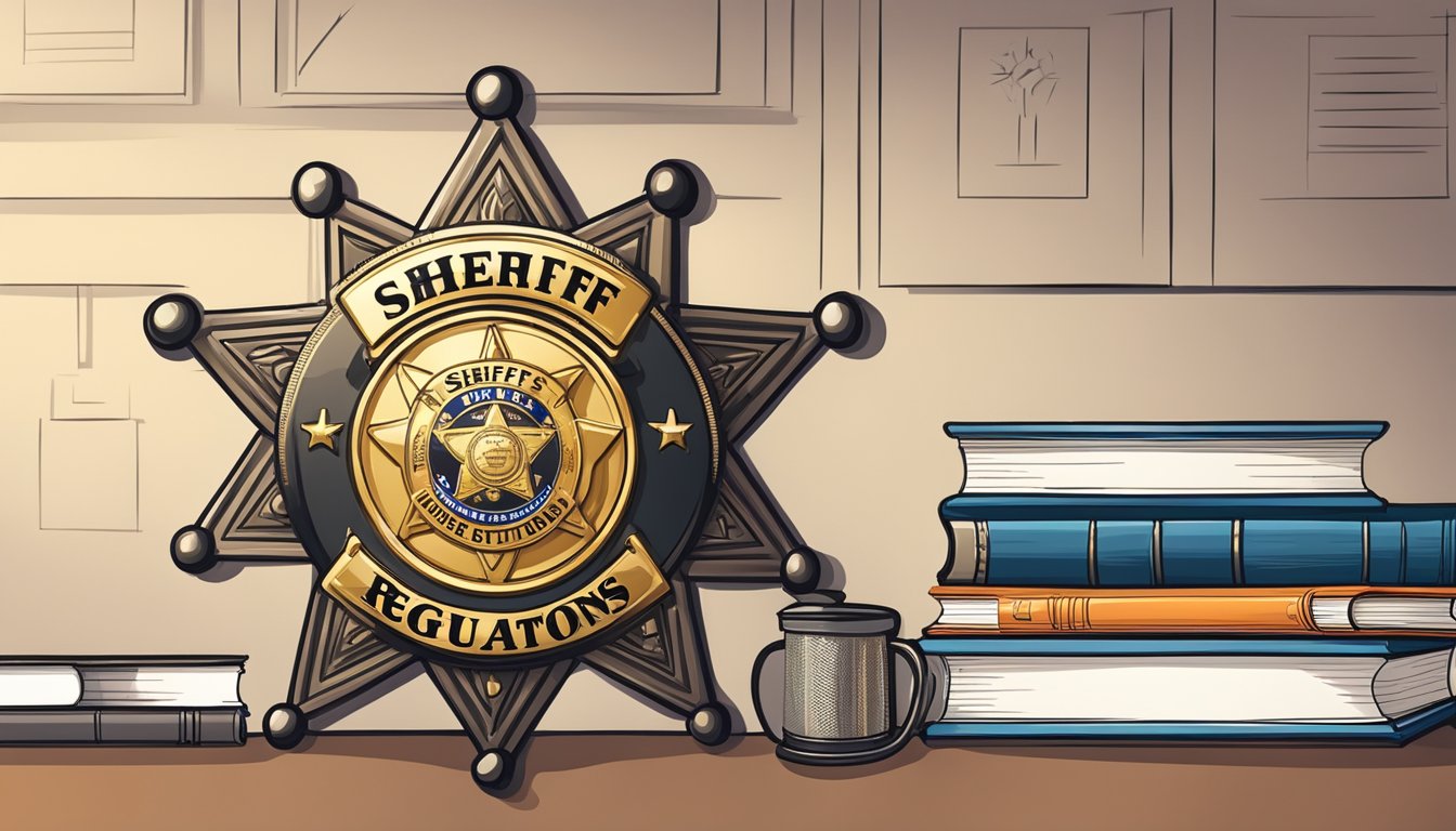 A sheriff's badge hanging on a wall next to a set of laws and regulations books