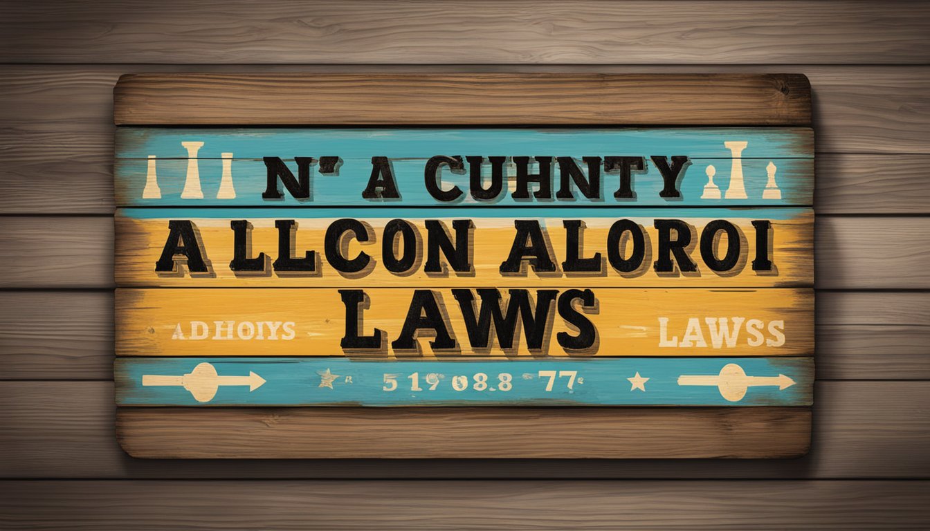 A rustic wooden sign displaying "Hays County Alcohol Laws" with a crossed-out drink symbol