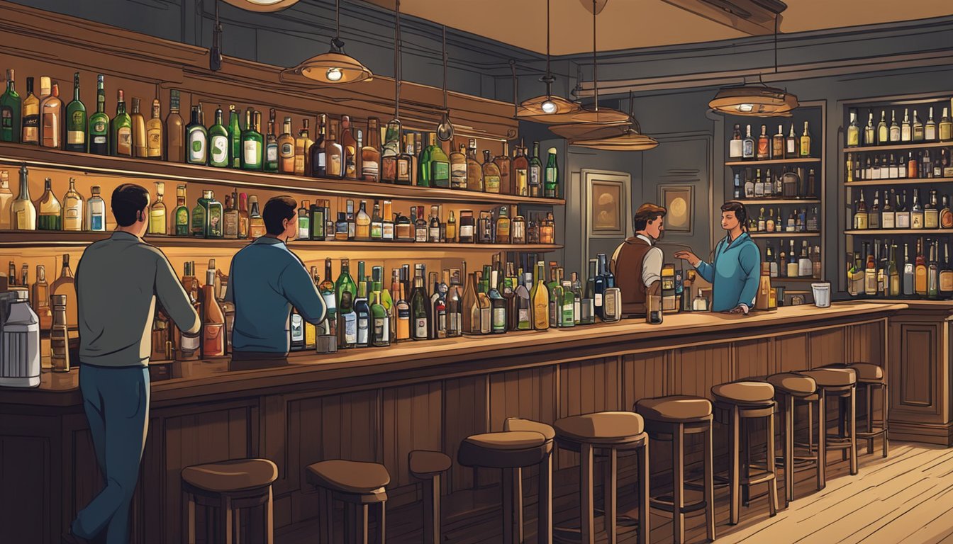 A bustling bar with shelves of various alcoholic beverages, patrons chatting and drinking, bartender serving drinks