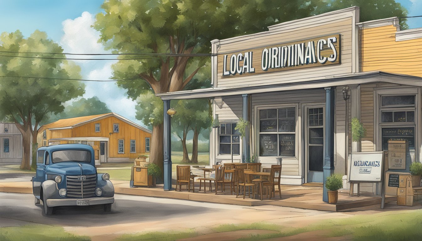 A small town scene with a sign displaying "Local Alcohol Ordinances" in Hockley County, Texas