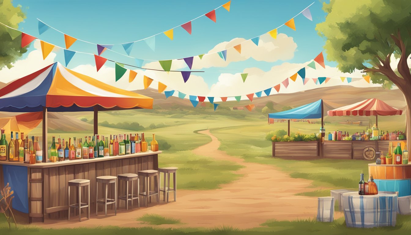 A festive outdoor event with colorful banners and signs promoting alcohol, set against the backdrop of the Hutchinson County, Texas landscape