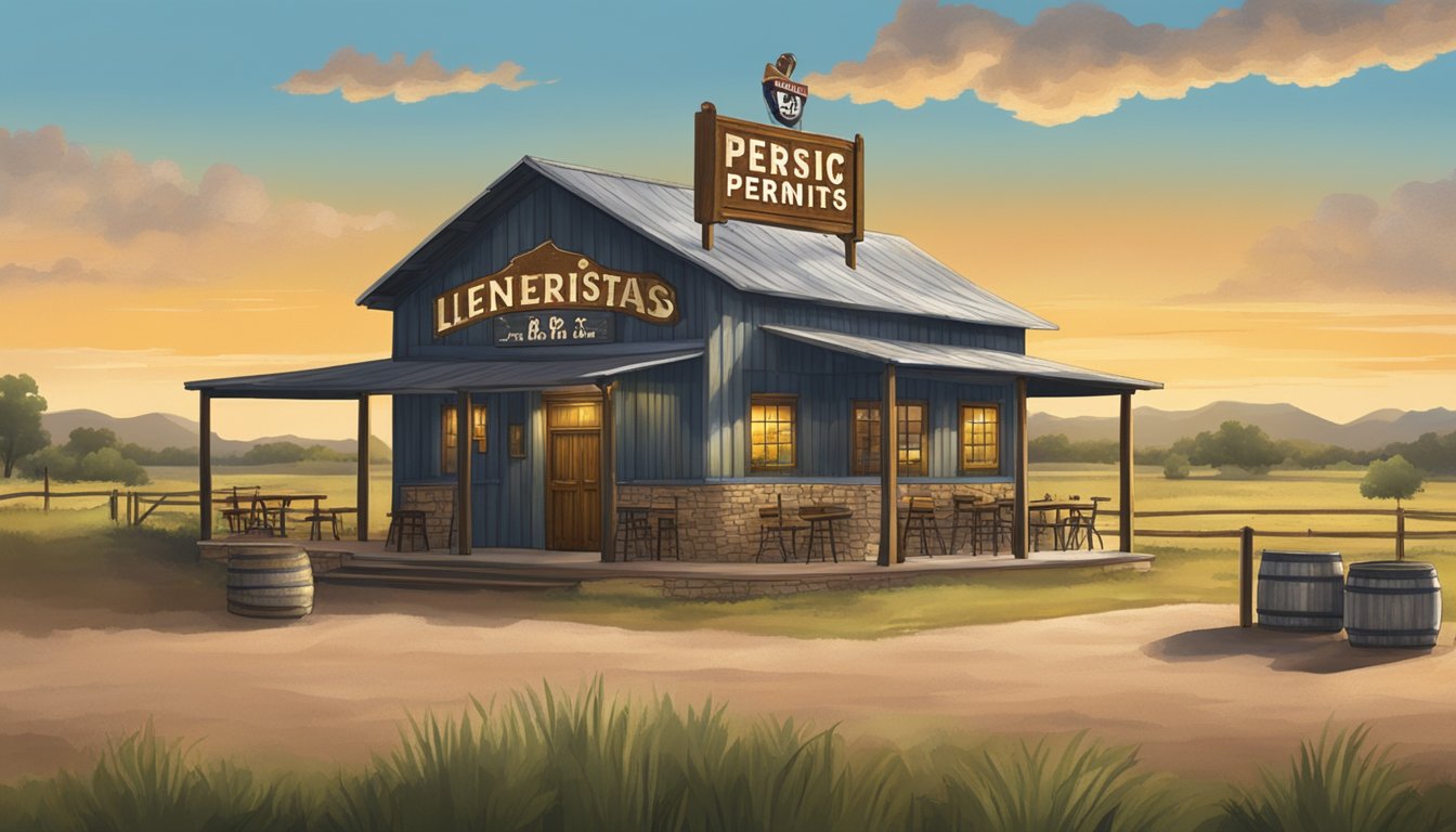 A rustic bar with a prominent "Licensing and Permits" sign displayed, surrounded by Texas countryside