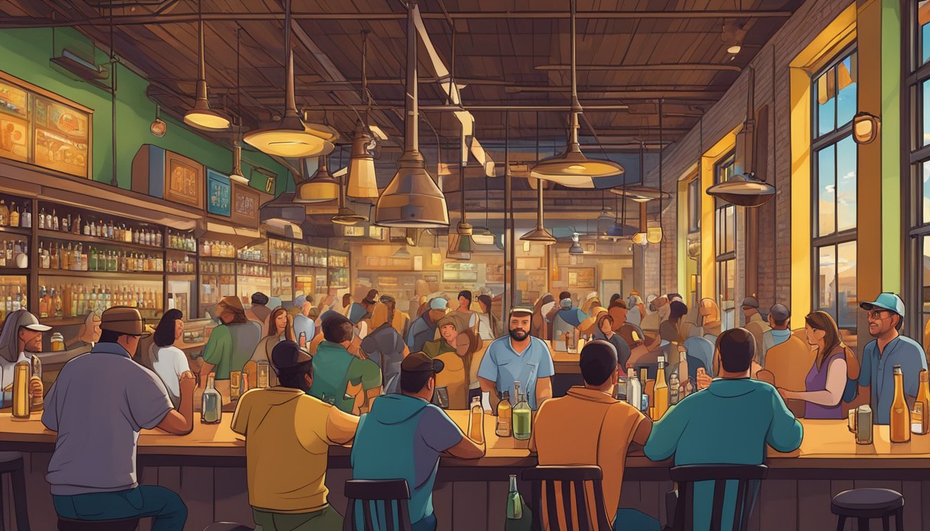 A bustling brewery in Hays County, Texas, with patrons enjoying a variety of alcoholic beverages in a vibrant and lively atmosphere