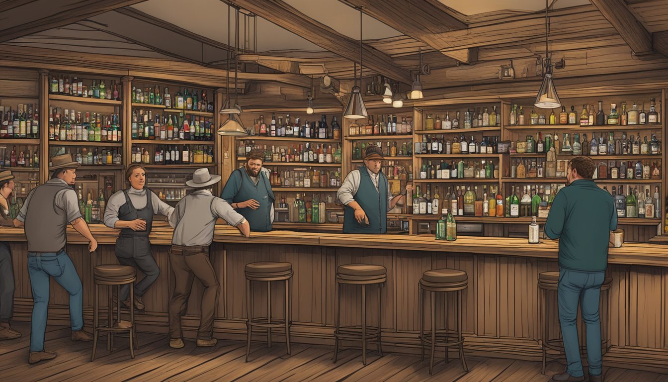 A bustling bar with shelves of liquor, patrons chatting, and a bartender pouring drinks in Hockley County, Texas