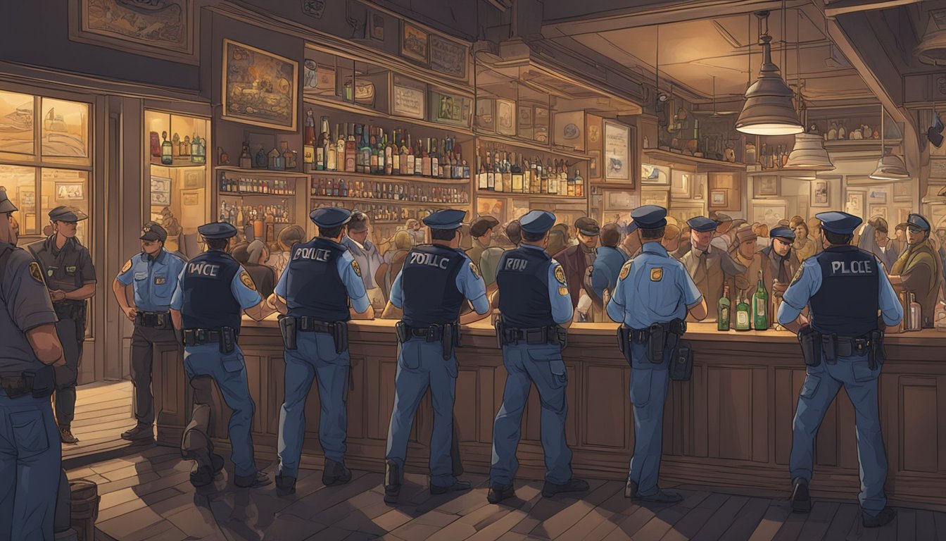 A crowded bar with patrons drinking alcohol, while police officers patrol outside