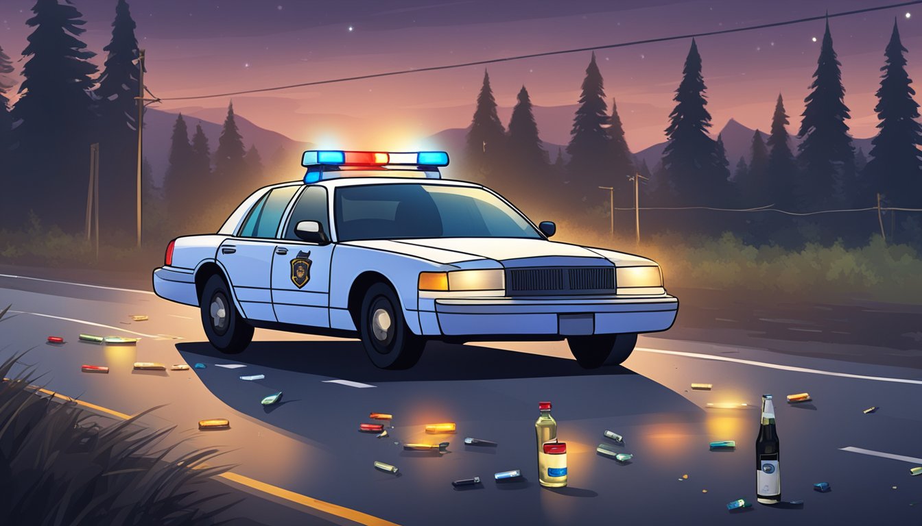 A police car pulls over a vehicle on a dark road, with empty alcohol bottles scattered on the ground