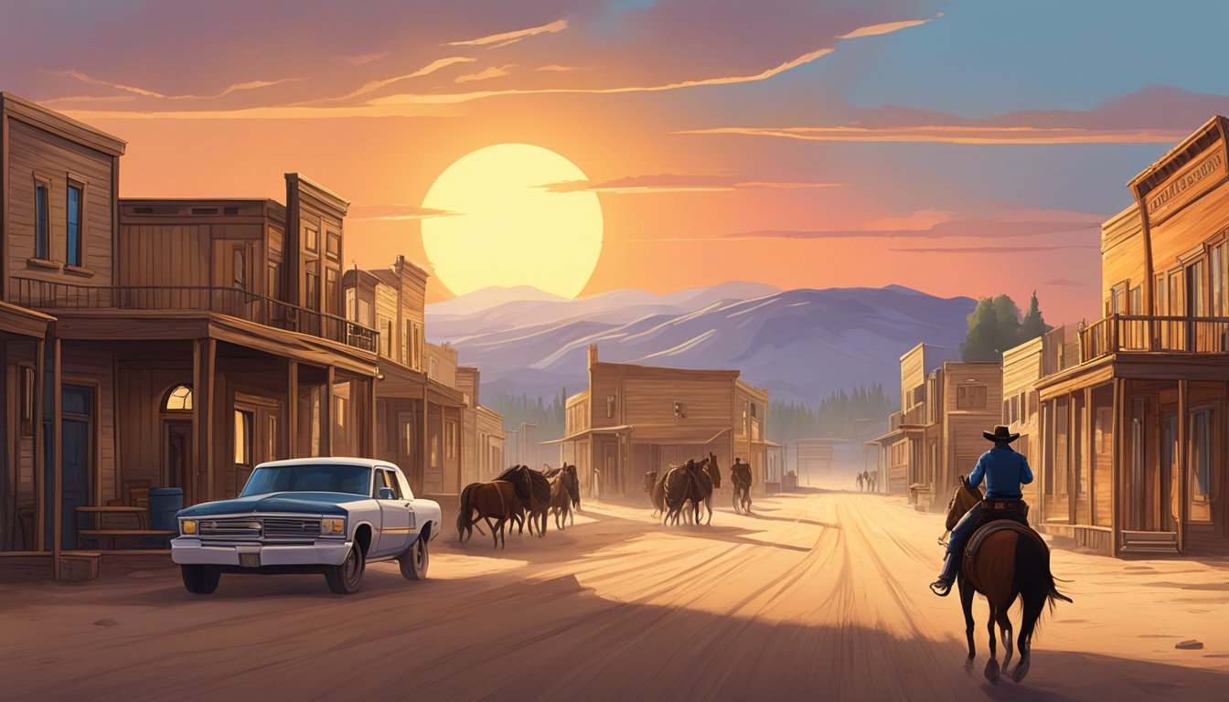 A dusty western town with a saloon and a sheriff's office. A lone cowboy rides through the streets as the sun sets