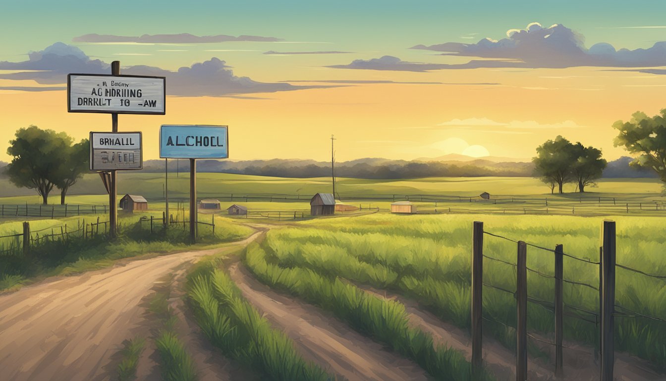 A rural landscape in Hockley County, Texas, with a small town in the distance and a sign indicating alcohol and drinking laws