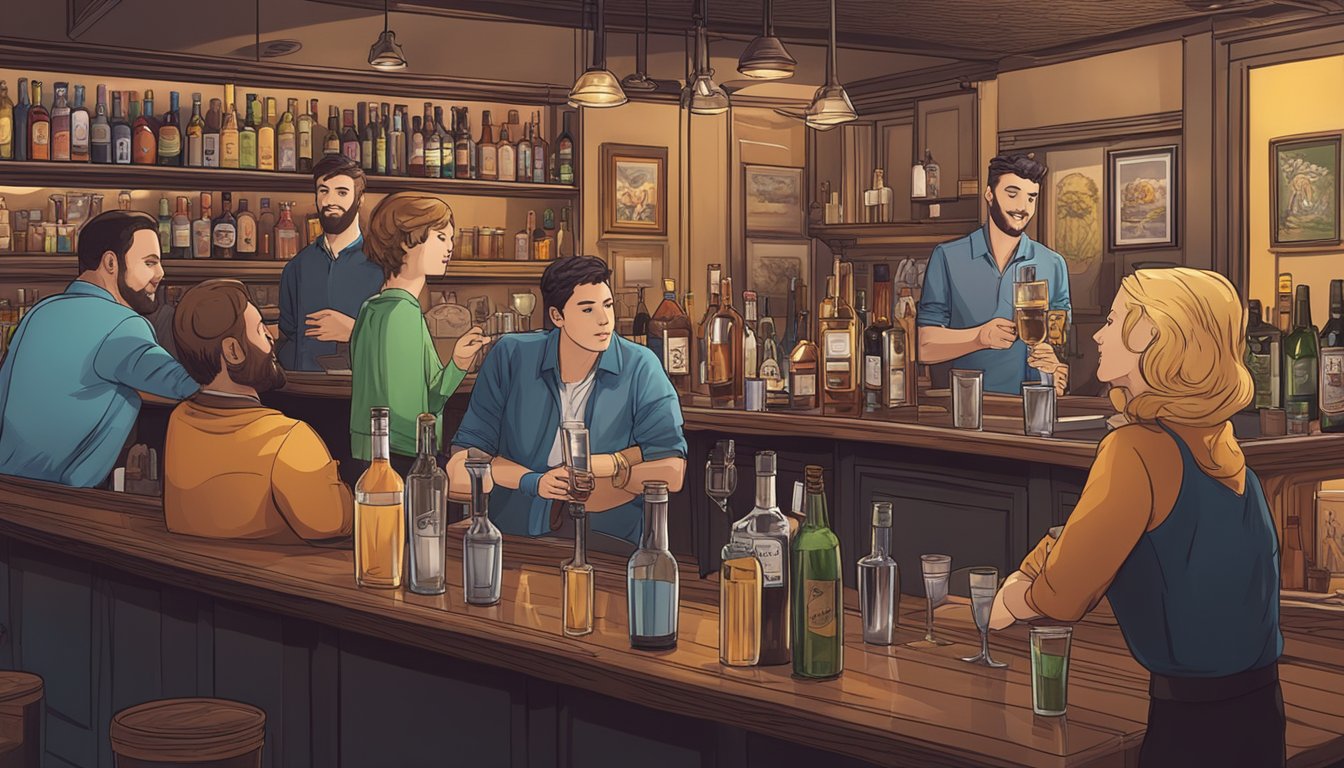 A group of people sitting at a bar, with various alcoholic beverages on the counter, while a bartender serves drinks