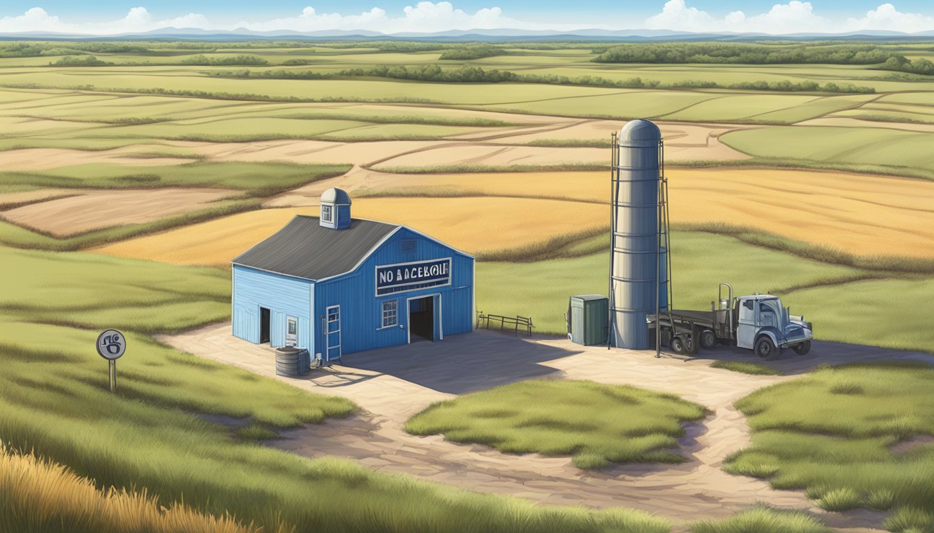 A rural Texas county with a "no alcohol" sign at the entrance, surrounded by dry fields and a clear blue sky