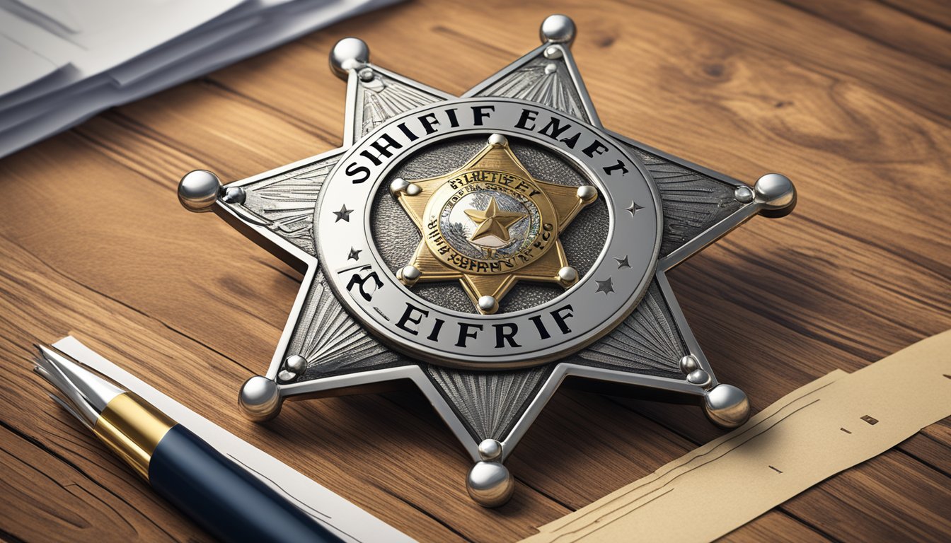 A sheriff's badge on a rustic wooden desk, surrounded by legal documents and a map of Hartley County, Texas