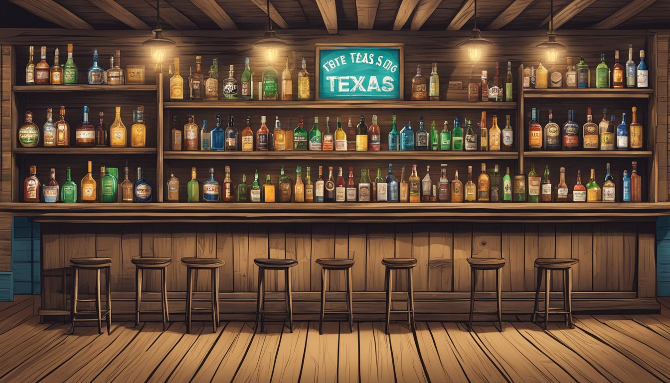 A rustic bar in Knox County, Texas, with shelves of liquor and a sign displaying the Texas Alcoholic Beverage Code