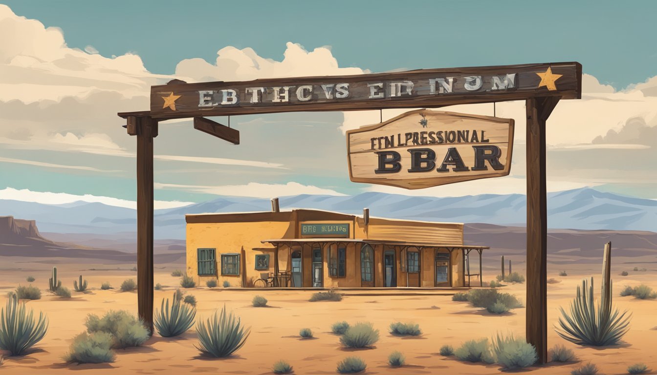 A rustic bar sign hanging outside a small Texas town, surrounded by dry desert landscape