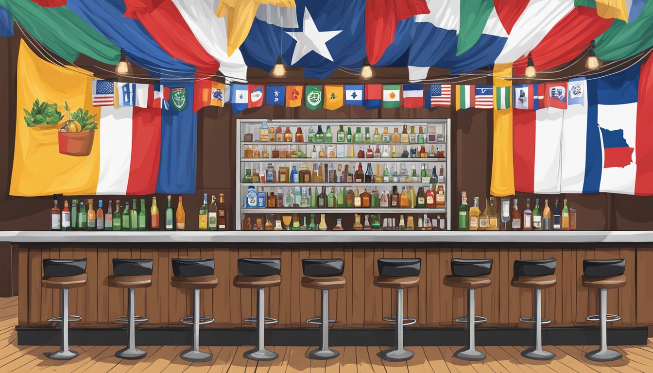 A bar with a "No Alcohol Under 21" sign, surrounded by Texas flags and county-specific regulations posted on the wall