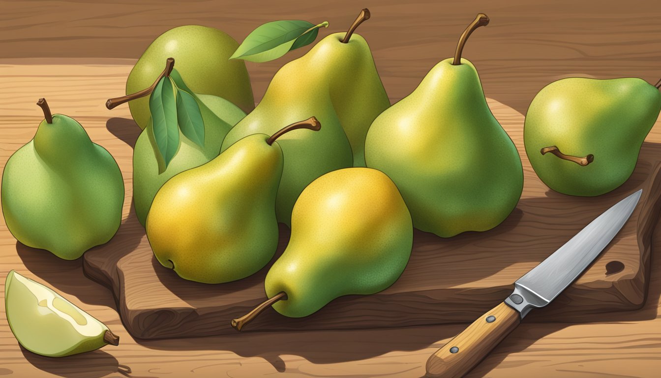 A cluster of Tosca pears on a wooden table, some with golden-yellow skin and a slight blush, others still green. One pear is cut open, revealing juicy flesh