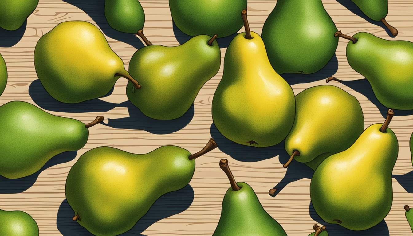 A cluster of Tosca pears, varying in shades of green and yellow, resting on a wooden tabletop. Some pears show slight bruising, indicating ripeness