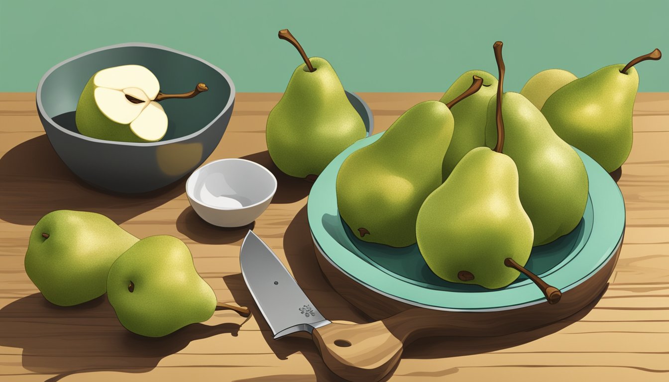 A cluster of Tosca pears, some with a golden hue, others still green, sit on a wooden cutting board next to a knife and a bowl