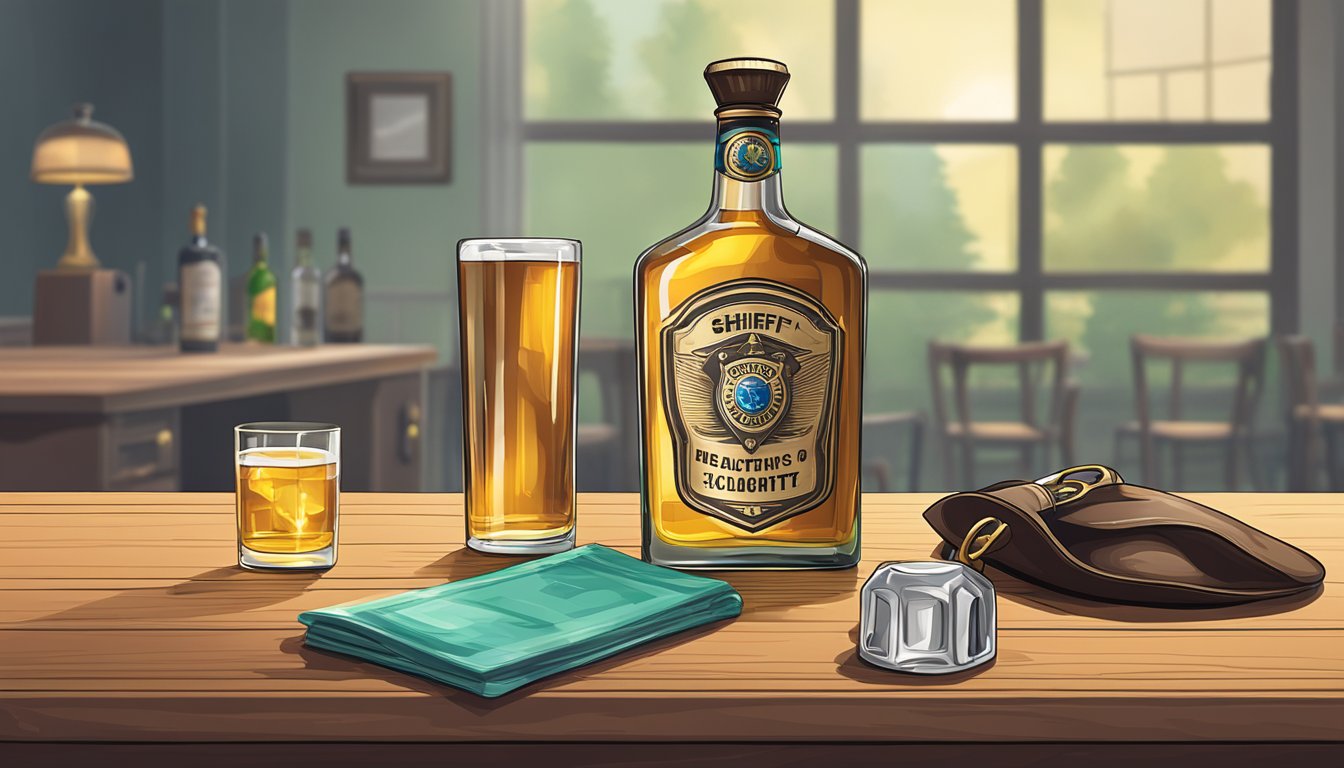 A sheriff's badge and a bottle of alcohol displayed on a table