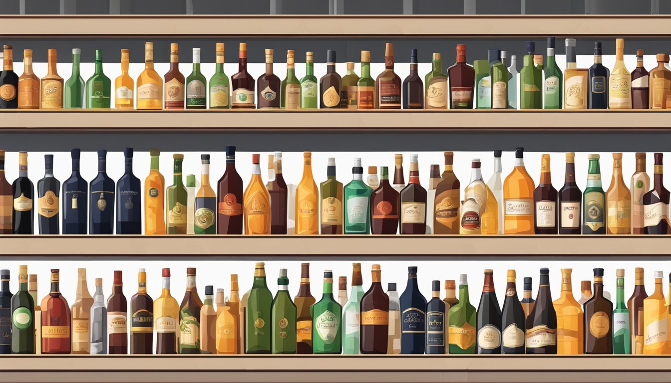 A variety of alcoholic beverages displayed on shelves in a liquor store