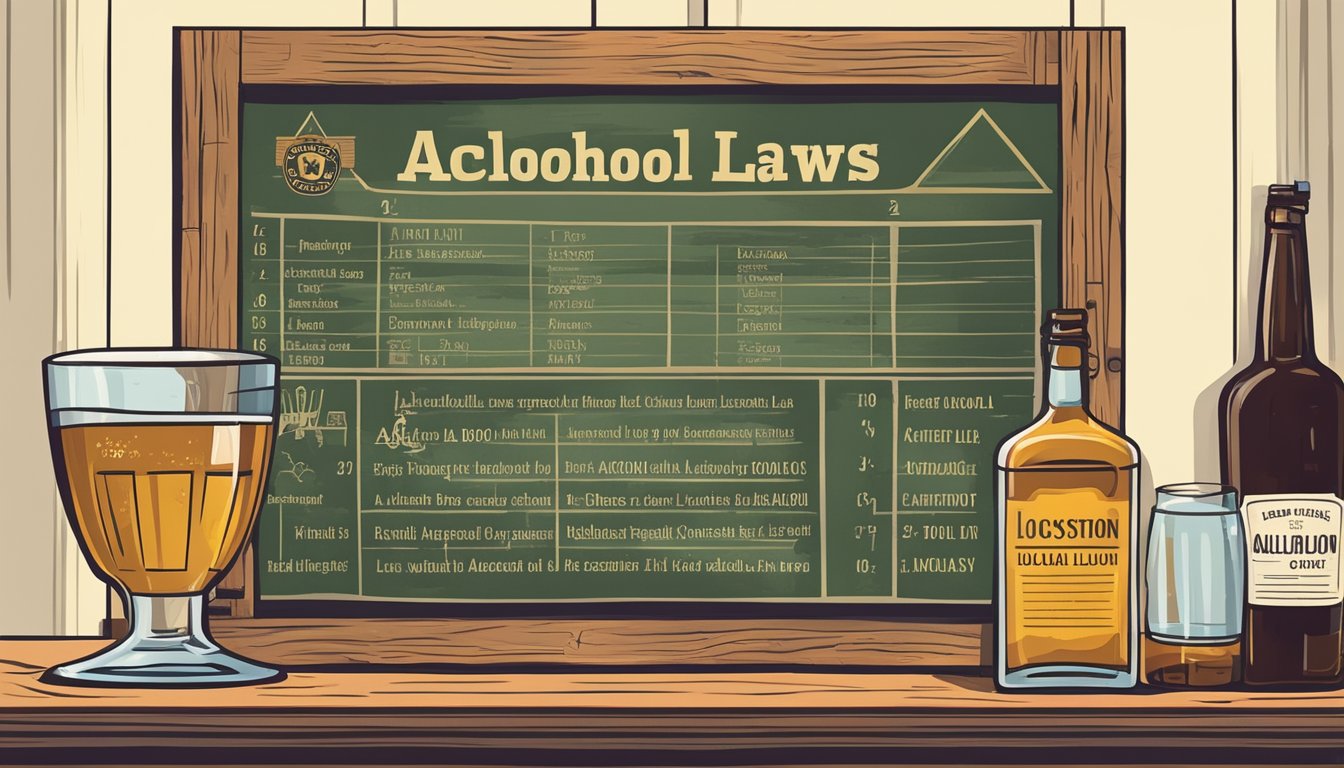 A rustic wooden sign outside a county courthouse with a crossed out alcohol bottle and a list of local alcohol laws