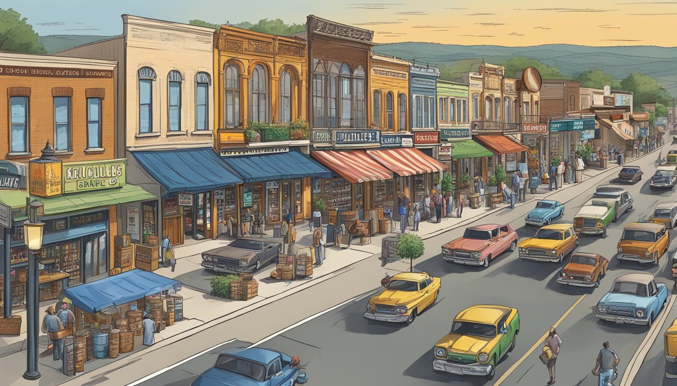 A bustling street in Hood County, Texas, with various retail stores and bars, featuring prominent signage displaying alcohol and drinking laws